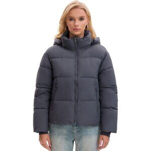 Women's Elegant Charcoal Puffer Jackets Warm Winter Jacket With Removable Hood